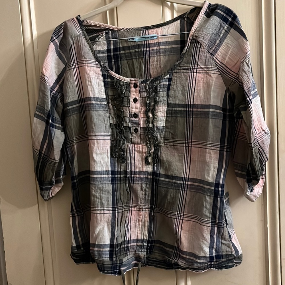 Maurices Green Plaid Ruffle Top 3/4 Sleeve M